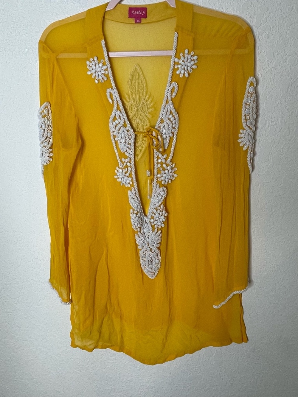 Ranee's Silk Sheer Tunic Top Cover Up XL Beaded Yellow Flared Sleeve Summer